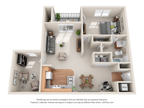 Floor plan for 1 bed, 1 bath, 922 sqft